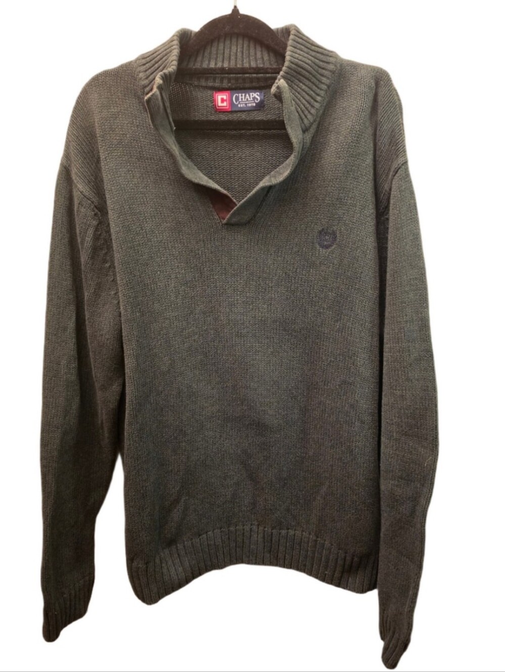 Chaps Men’s L Cotton Sweater Green Mock Neck Suede Elbow Patch Pullover